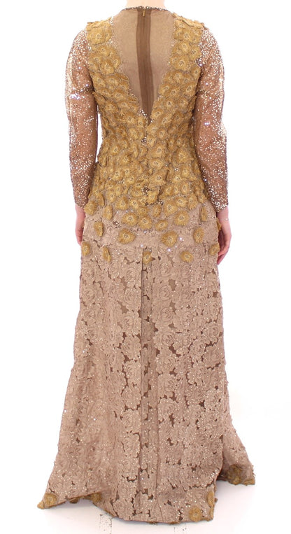 Lanre Da Silva Ajayi GOLD Langes Maxikleid aus Spitze mit Kristallen