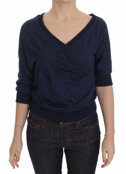 Exte Blue Cotton Top Pullover Tiefer V-Ausschnitt Damenpullover