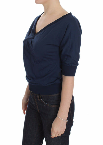 Exte Blue Cotton Top Pullover Tiefer V-Ausschnitt Damenpullover