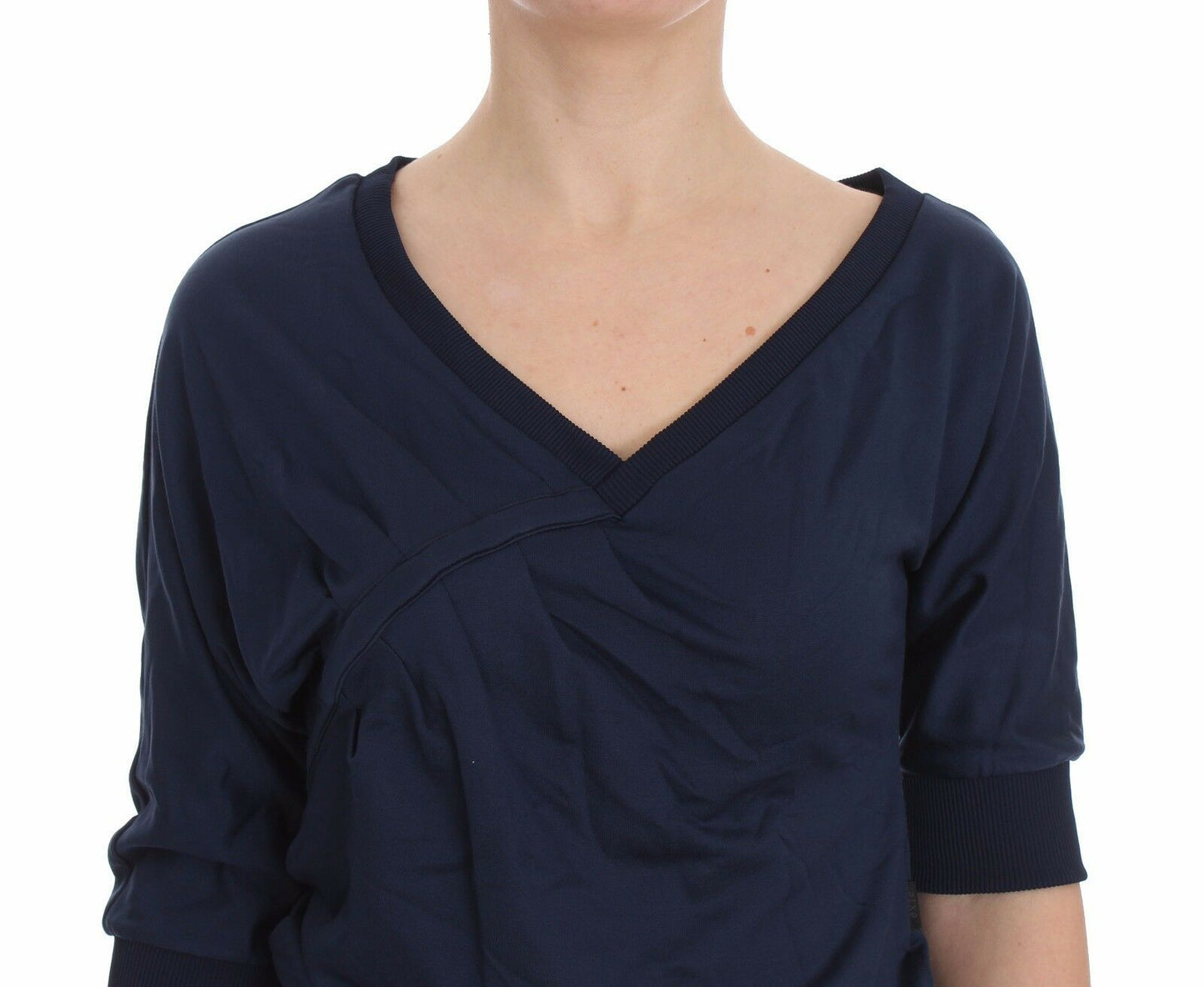 Exte Blue Cotton Top Pullover Tiefer V-Ausschnitt Damenpullover