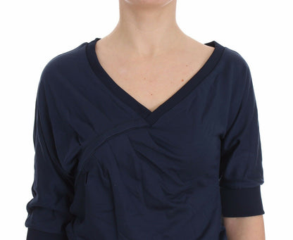 Exte Blue Cotton Top Pullover Tiefer V-Ausschnitt Damenpullover