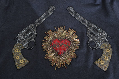 Dolce & Gabbana Gray Hooded Red Crystal Heart Gun Sweater