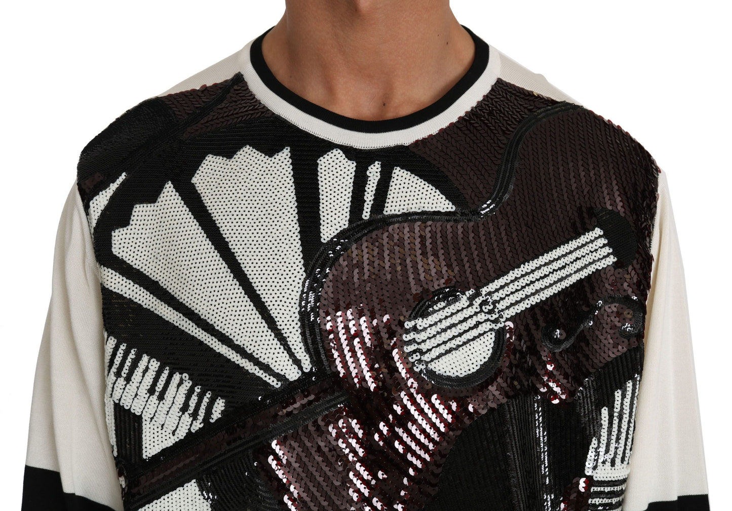 Dolce &amp; Gabbana Weißer Jazz-Pullover mit Pailletten und Gitarre