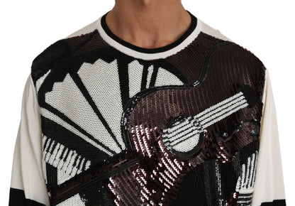 Dolce &amp; Gabbana Weißer Jazz-Pullover mit Pailletten und Gitarre