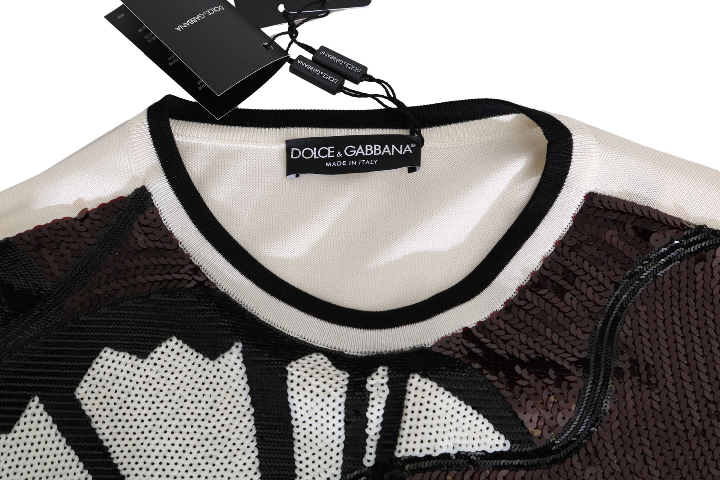Dolce &amp; Gabbana Weißer Jazz-Pullover mit Pailletten und Gitarre