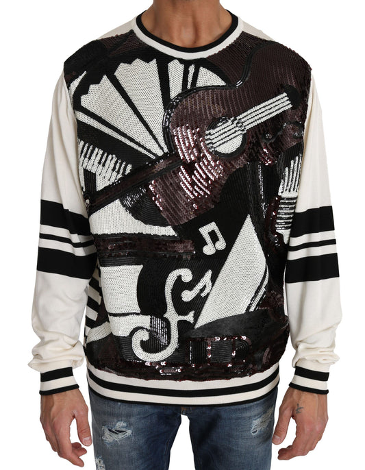 Dolce &amp; Gabbana Weißer Jazz-Pullover mit Pailletten und Gitarre
