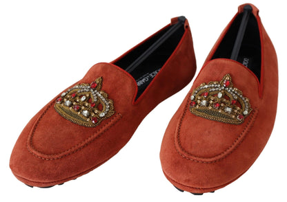 Dolce &amp; Gabbana – Loafer aus orangefarbenem Leder mit Kristallkrone