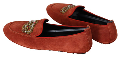 Dolce &amp; Gabbana – Loafer aus orangefarbenem Leder mit Kristallkrone