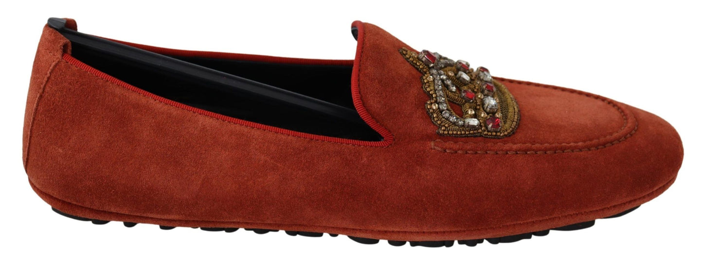 Dolce &amp; Gabbana – Loafer aus orangefarbenem Leder mit Kristallkrone