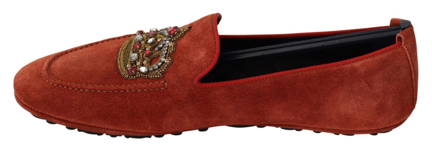 Dolce &amp; Gabbana – Loafer aus orangefarbenem Leder mit Kristallkrone