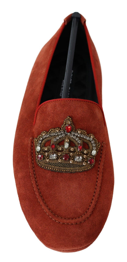 Dolce &amp; Gabbana – Loafer aus orangefarbenem Leder mit Kristallkrone