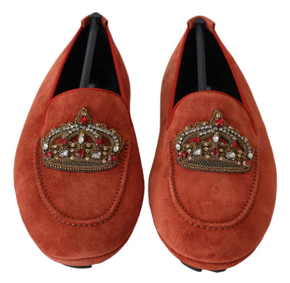 Dolce &amp; Gabbana – Loafer aus orangefarbenem Leder mit Kristallkrone