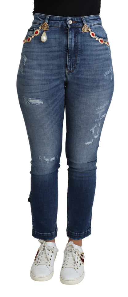Dolce &amp; Gabbana – Blaue, verzierte Skinny-Jeans aus Baumwolle