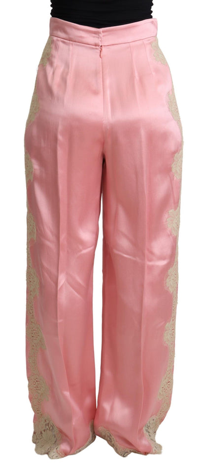 Dolce &amp; Gabbana – Hose aus Seidensatin mit weitem Bein und Spitzenbesatz in Rosa