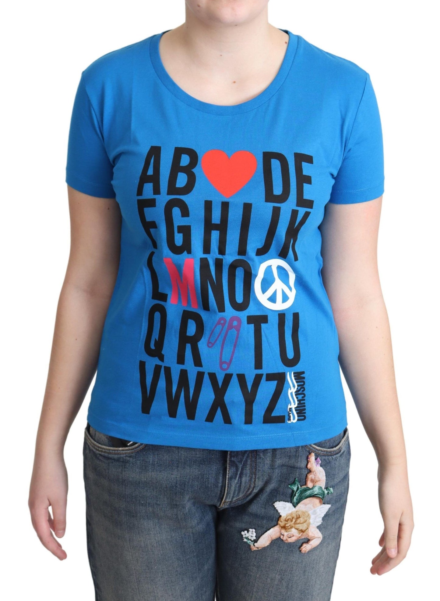 Moschino – Blaue Oberteile aus Baumwolle mit Alphabet-Buchstaben-Print