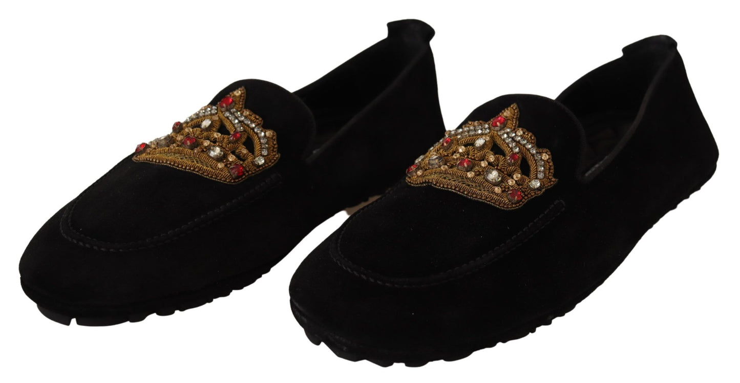 Dolce &amp; Gabbana – Loafer aus schwarzem Leder mit Kristall- und Goldkrone