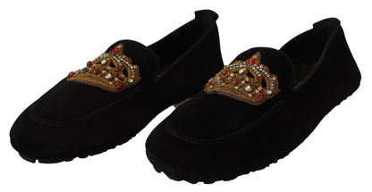 Dolce &amp; Gabbana – Loafer aus schwarzem Leder mit Kristall- und Goldkrone