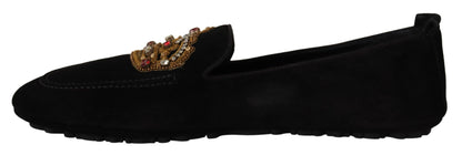 Dolce &amp; Gabbana – Loafer aus schwarzem Leder mit Kristall- und Goldkrone