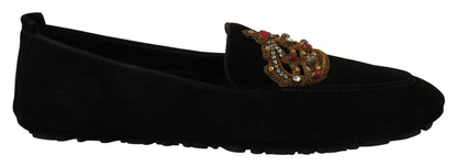 Dolce &amp; Gabbana – Loafer aus schwarzem Leder mit Kristall- und Goldkrone