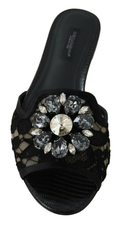 Dolce & Gabbana Black Taormina Lace Slides Crystals Flats Shoes