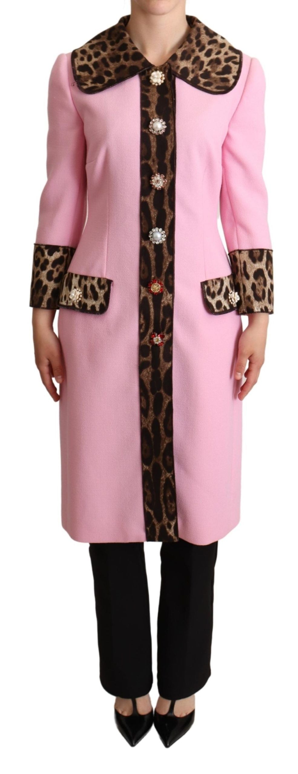 Dolce &amp; Gabbana – Trenchcoat-Jacke aus rosafarbener Wolle mit Leopardenmuster
