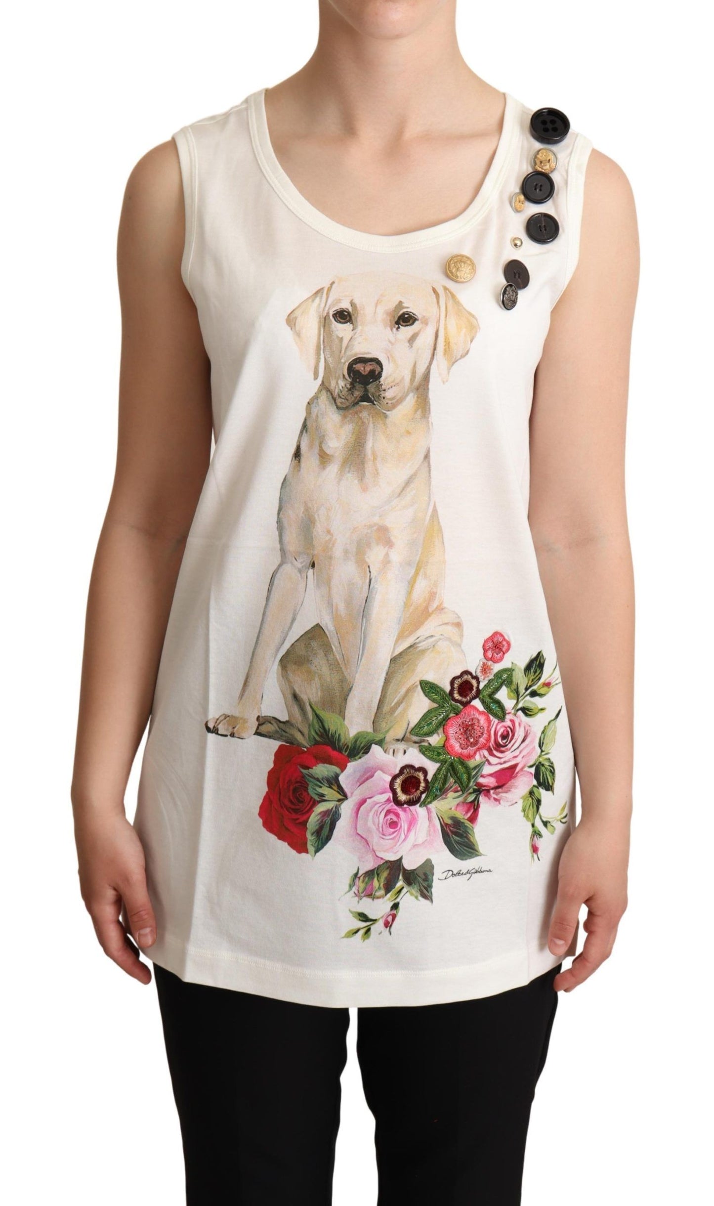 Dolce &amp; Gabbana Weißes T-Shirt mit Hunde-Blumendruck und Verzierung