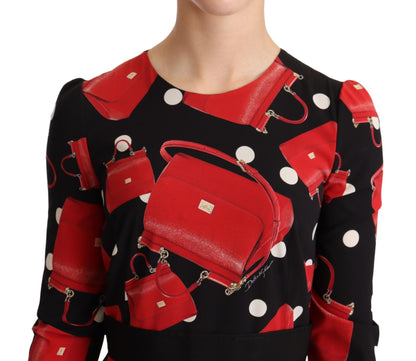 Dolce &amp; Gabbana Schwarzes ausgestelltes Midikleid mit Sicily-Taschen-Print