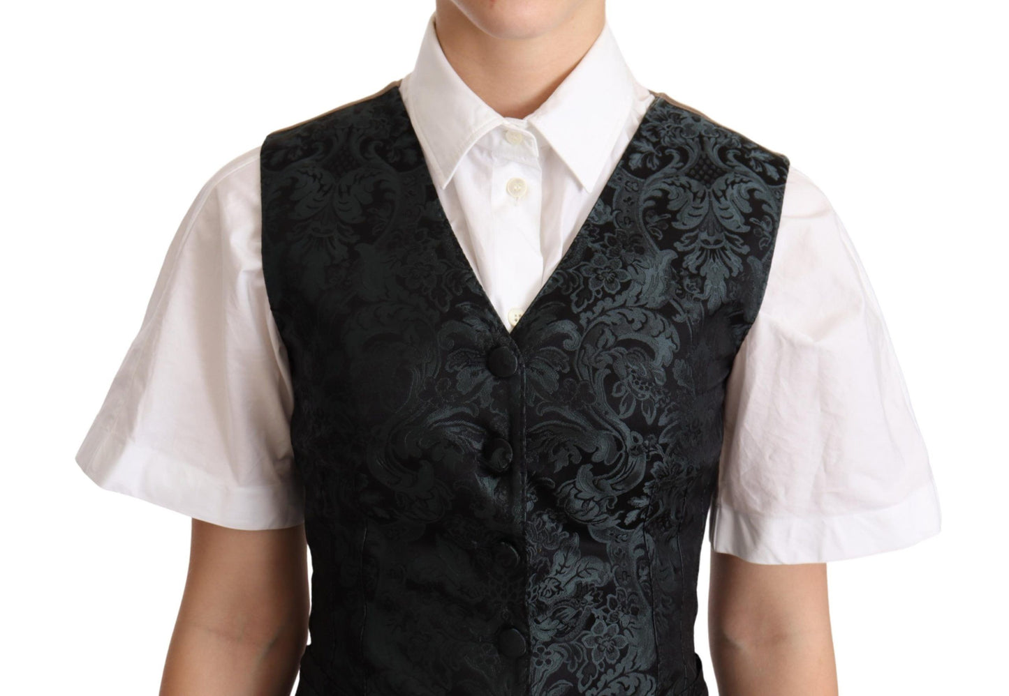 Dolce &amp; Gabbana Schwarze Jacquard-Weste mit Blumenmuster Grün
