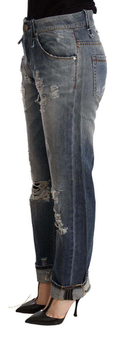 Acht – Blaue, zerfetzte, gerade Jeanshose mit mittlerer Taille