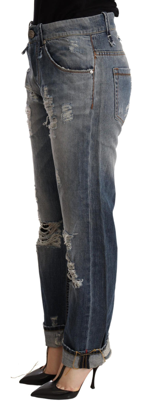 Acht – Blaue, zerfetzte, gerade Jeanshose mit mittlerer Taille