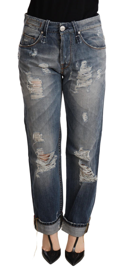 Acht – Blaue, zerfetzte, gerade Jeanshose mit mittlerer Taille