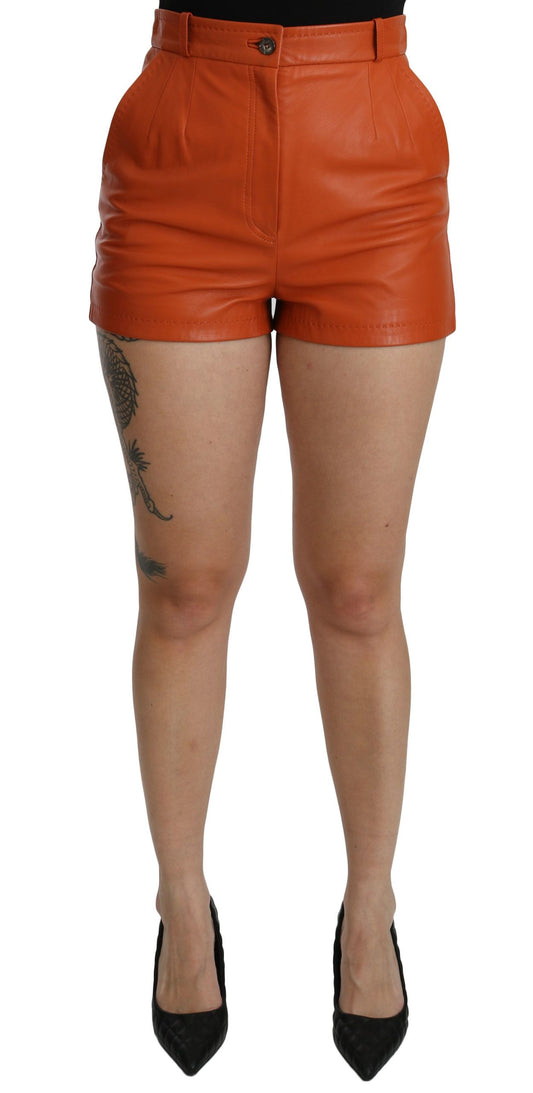 Dolce &amp; Gabbana – Orangefarbene Hotpants-Shorts aus Leder mit hoher Taille