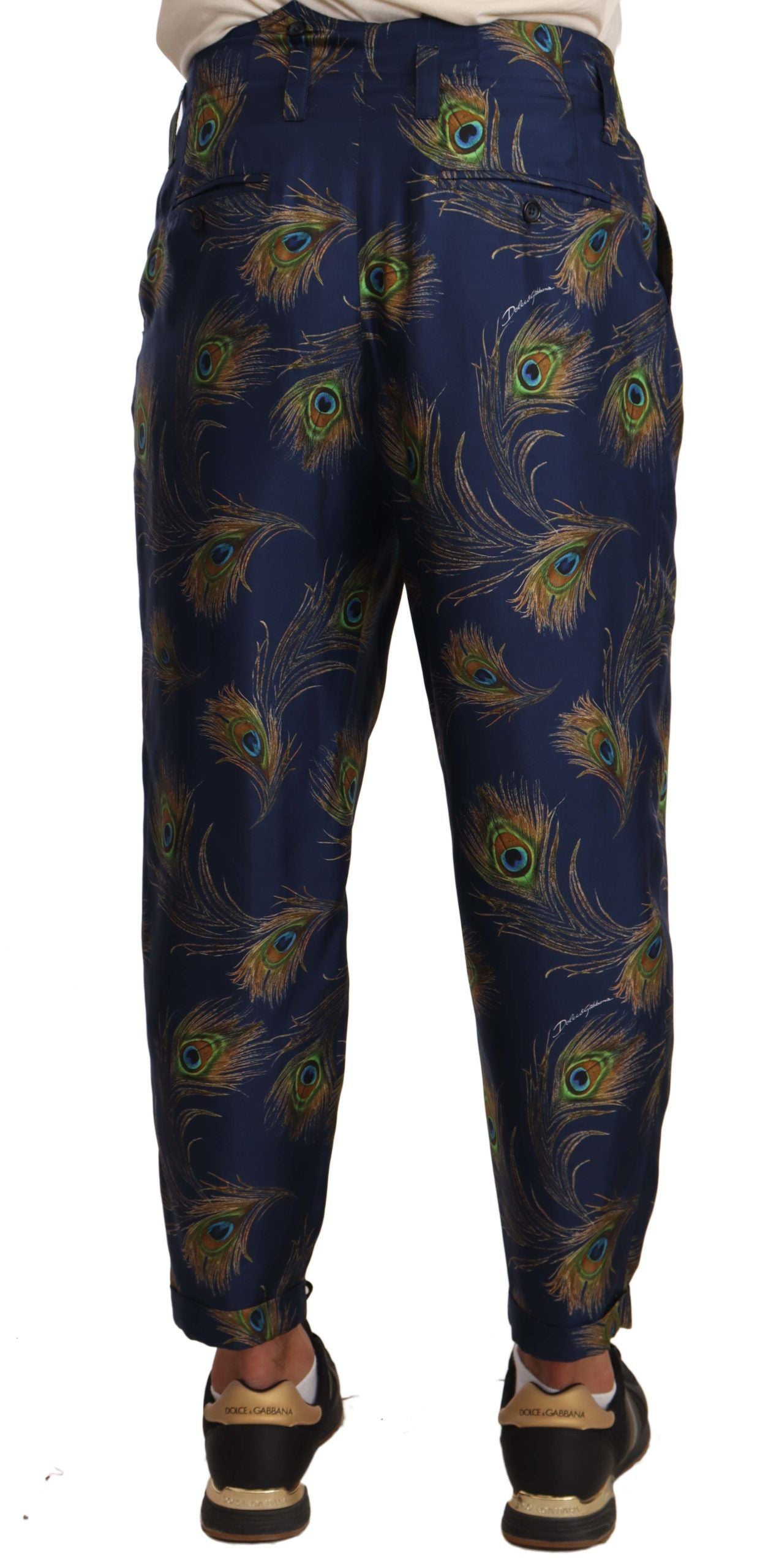 Dolce &amp; Gabbana – Karottenhose aus Seide mit blauem Pfauenmuster