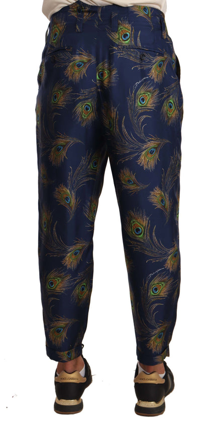Dolce &amp; Gabbana – Karottenhose aus Seide mit blauem Pfauenmuster