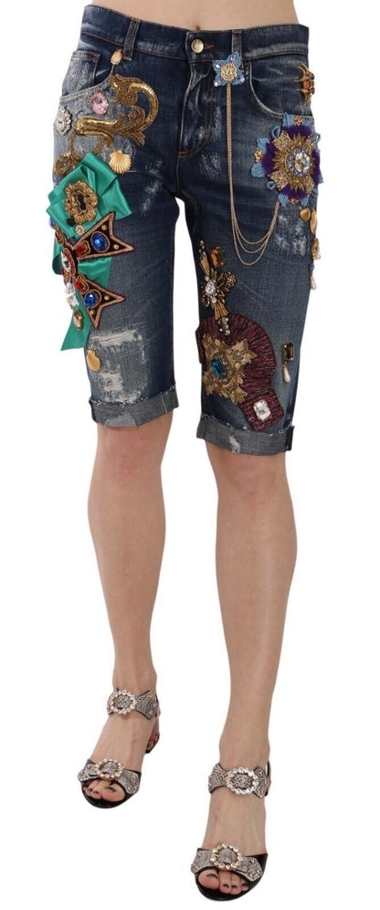 Dolce &amp; Gabbana – Capri-Shorts aus blauem Denim mit mittlerer Taille und Kristallen