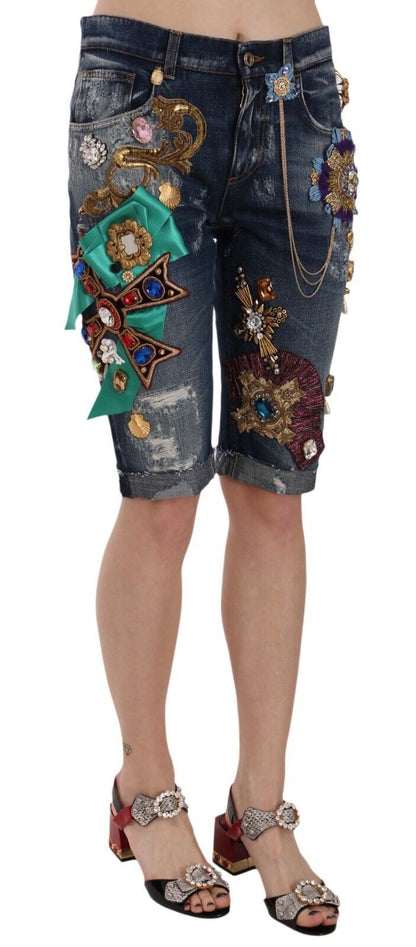 Dolce &amp; Gabbana – Capri-Shorts aus blauem Denim mit mittlerer Taille und Kristallen