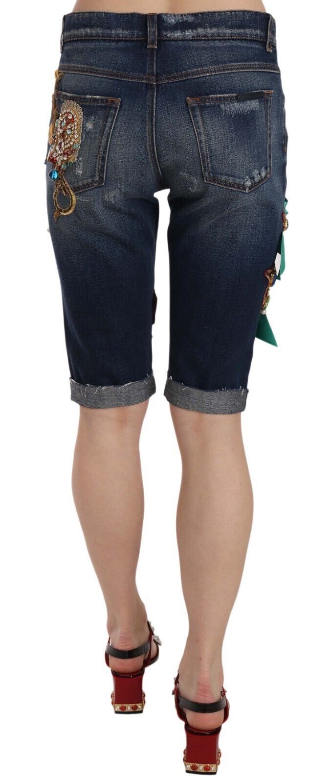 Dolce &amp; Gabbana – Capri-Shorts aus blauem Denim mit mittlerer Taille und Kristallen