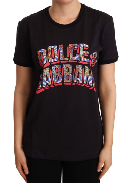 Dolce &amp; Gabbana – Schwarzes T-Shirt mit Rundhalsausschnitt und großem Aufdruck aus Baumwolle