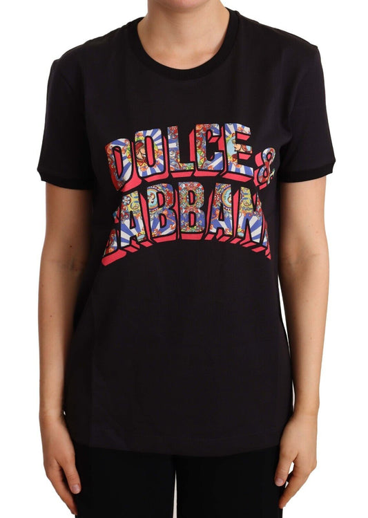 Dolce &amp; Gabbana – Schwarzes T-Shirt mit Rundhalsausschnitt und großem Aufdruck aus Baumwolle