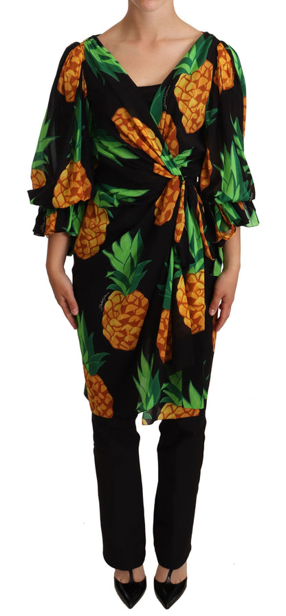 Dolce &amp; Gabbana Schwarzes Wickelkleid aus Stretchseide mit Ananas-Print