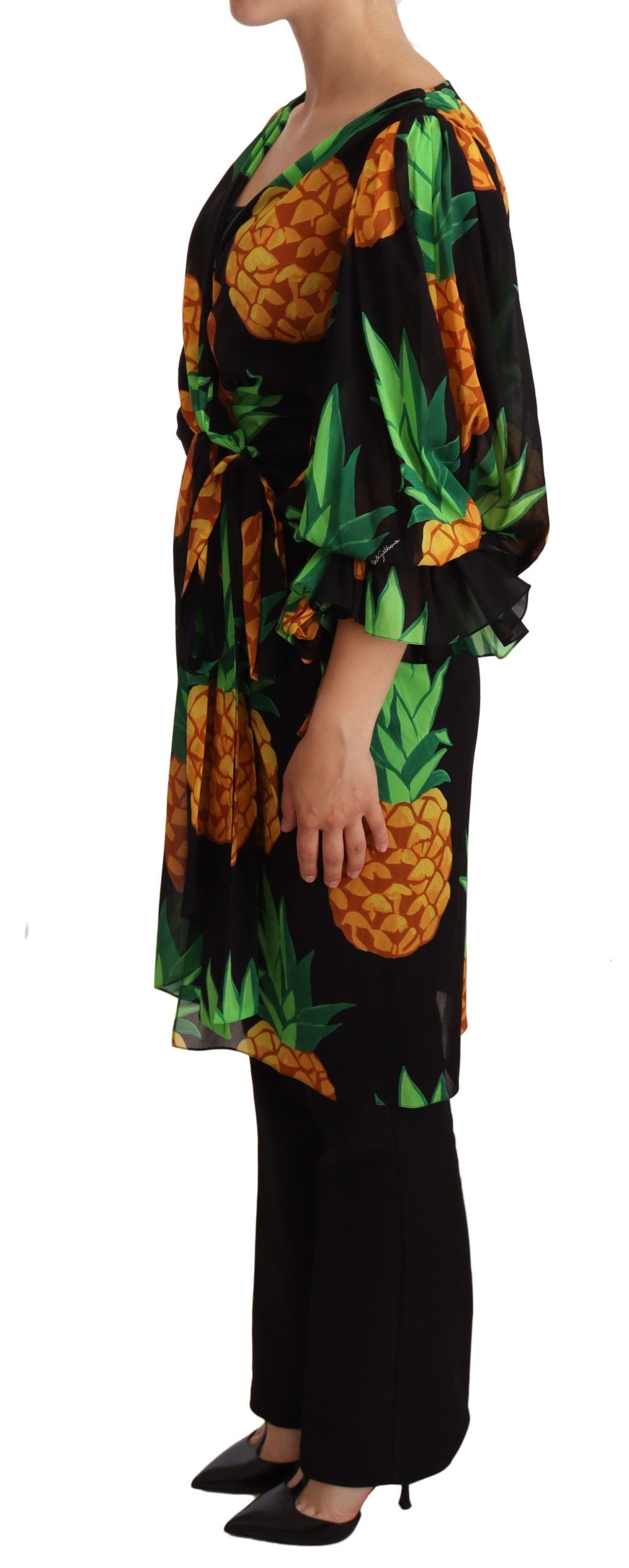 Dolce &amp; Gabbana Schwarzes Wickelkleid aus Stretchseide mit Ananas-Print
