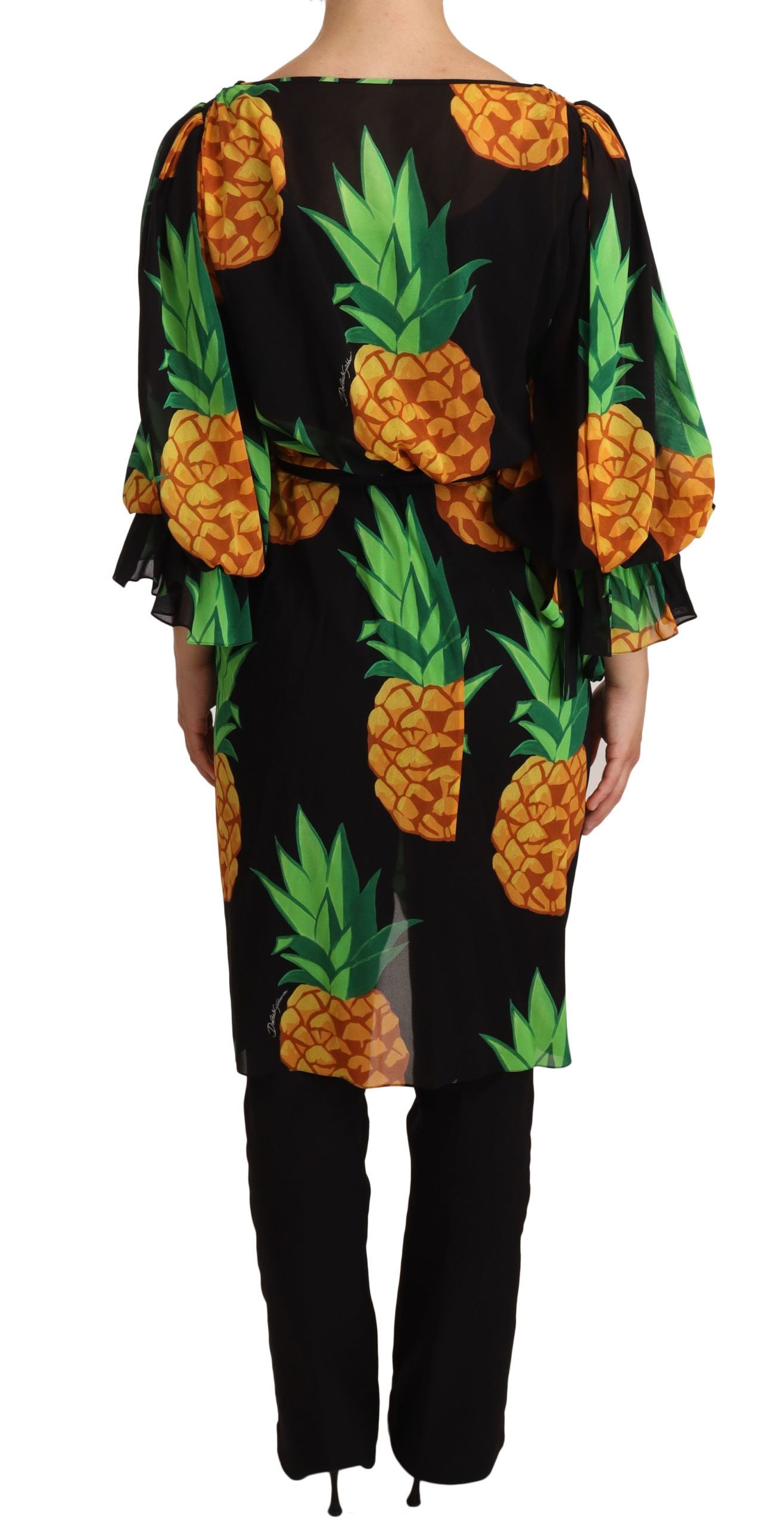 Dolce &amp; Gabbana Schwarzes Wickelkleid aus Stretchseide mit Ananas-Print