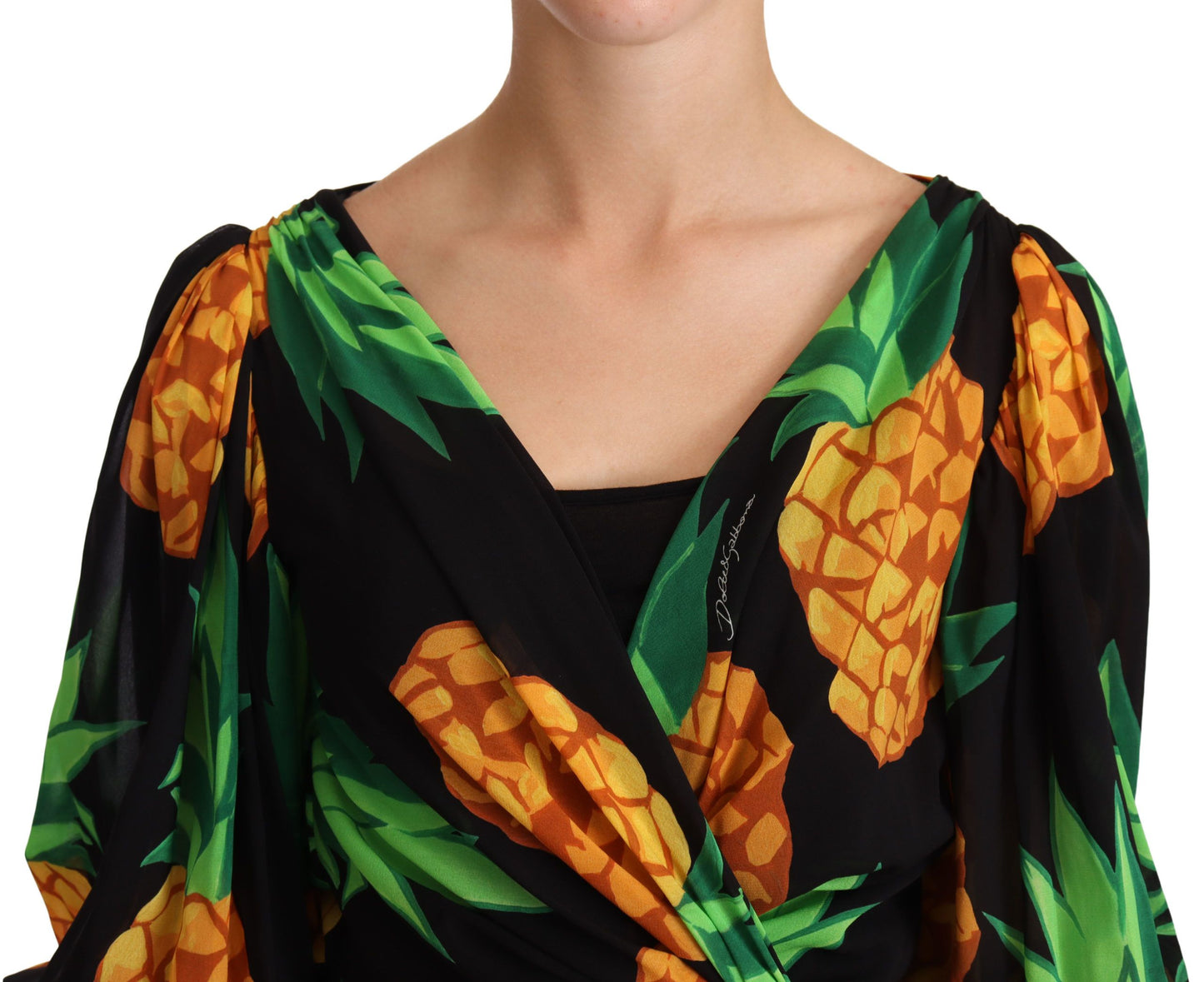 Dolce &amp; Gabbana Schwarzes Wickelkleid aus Stretchseide mit Ananas-Print