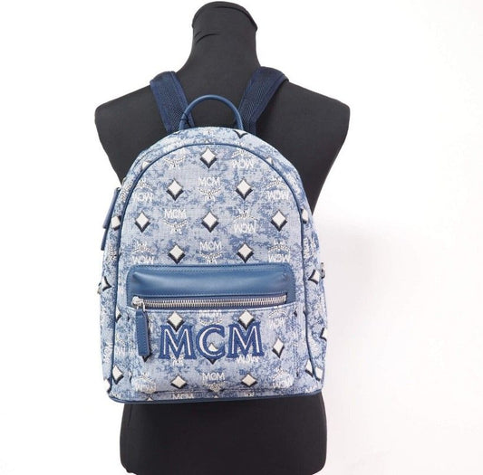 MCM Stark Kleiner blauer Vintage-Rucksack aus Jacquard-Monogramm-Logo-Stoff