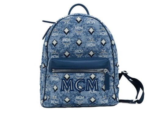 MCM Stark Kleiner blauer Vintage-Rucksack aus Jacquard-Monogramm-Logo-Stoff