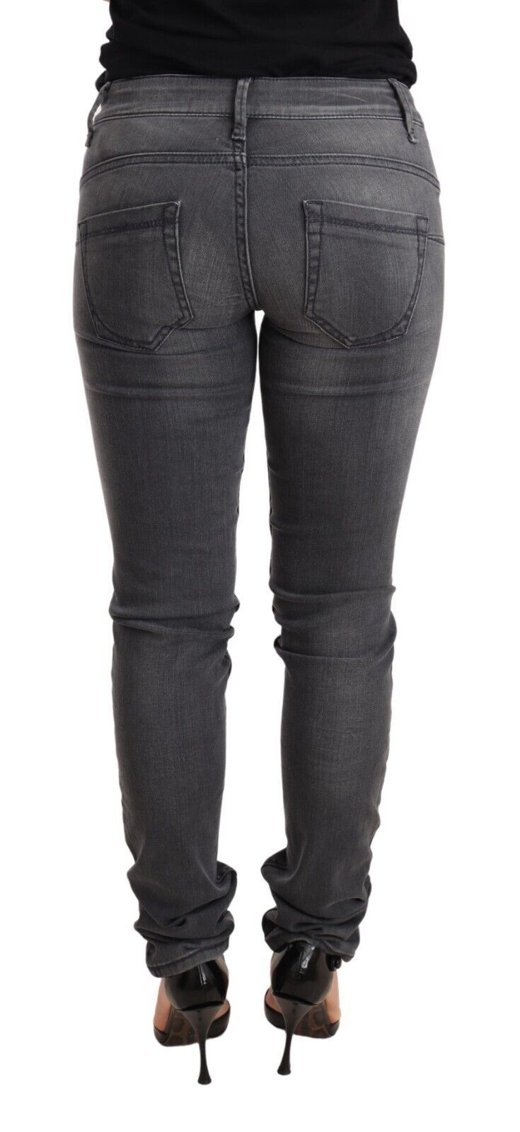 Acht Graue, gewaschene Baumwolle, Slim Fit, niedrige Taille, Damen-Jeans