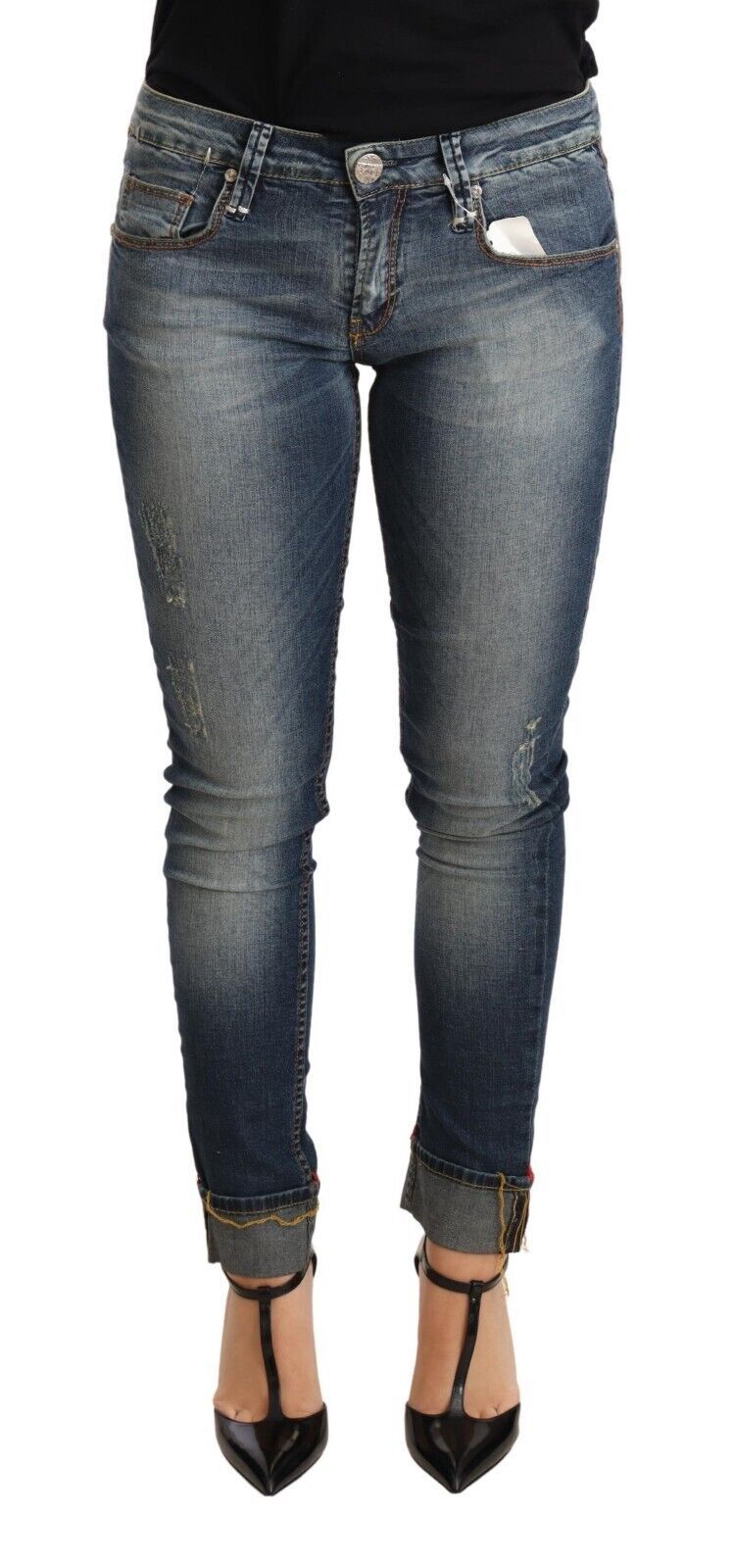 Acht Blue Washed Cotton Low Waist Skinny Denim Damenhose Jeans