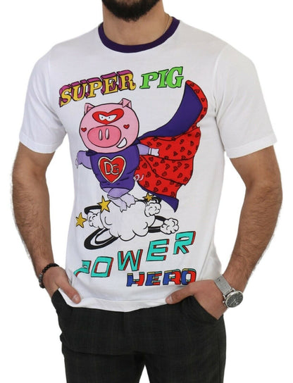 Dolce &amp; Gabbana Weißes Baumwoll-Top „Super Power Pig“ T-Shirt