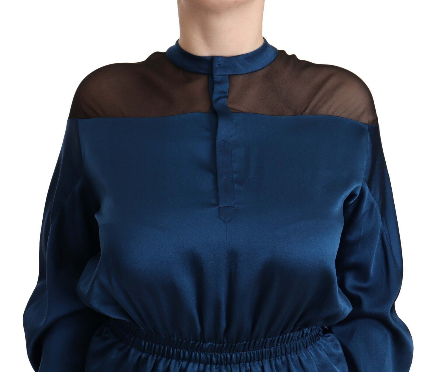 Masha Ma – Blaue Seidenbluse mit langen Ärmeln und elastischer Taille