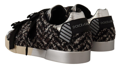 Dolce &amp; Gabbana Silber Leder Braun Baumwolle Wolle Sneakers Schuhe
